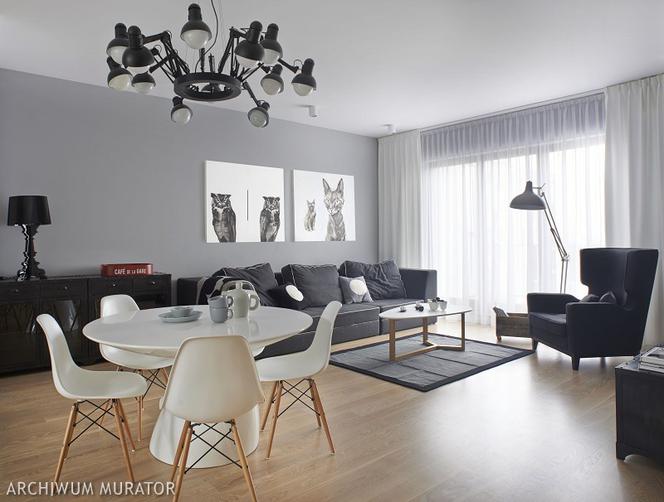Szary salon z designerskim oświetleniem