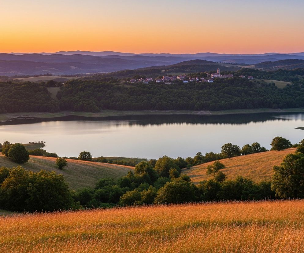 Krajobraz ukazuje jezioro otoczone wzgórzami, z wzniesieniem porośniętym lasem i domami w oddali. Niebo, w kolorach od pomarańczowego na horyzoncie do błękitu w zenicie, odbija się częściowo w spokojnej tafli wody. Na pierwszym planie rozciąga się złote, wysokie trawy, pofalowane wzgórza z zielonymi drzewami, rzucające długie cienie od zachodzącego słońca.