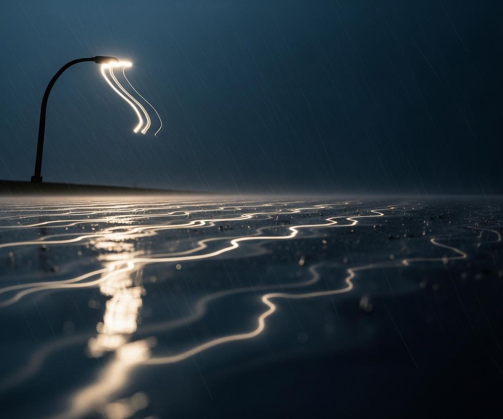 Po lewej stronie kadru widoczna jest ciemna sylwetka latarni ulicznej, z której emitowane jest jasne, białe światło. Od lampy rozchodzą się trzy smugi światła, biegnące w dół i lekko w prawo, tworząc zakrzywione, faliste linie, a także ich odbicia na mokrej powierzchni poniżej. Cała przestrzeń u dołu obrazu pokryta jest wodą, na której widoczne są nieregularne, zygzakowate odbicia światła, tworzące jasne, falujące wzory. Tło jest ciemnogranatowe, a widoczne są na nim liczne, ukośne, jasne linie, sugerujące padający deszcz.