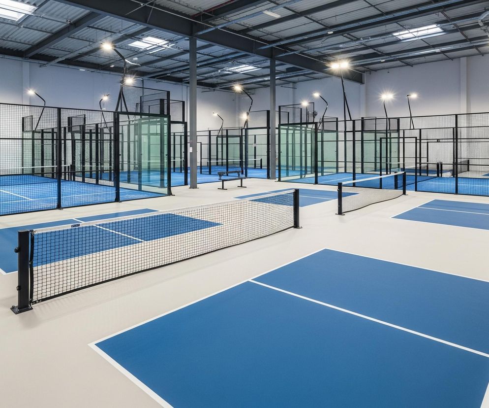 Wnętrze hali sportowej wypełnionej boiskami do padla, z dominującymi odcieniami błękitu i szarości. Boiska do padla otoczone są wysokimi ścianami z siatki i przezroczystego szkła, z widocznymi siatkami dzielącymi korty. Sufit hali jest metalowy, z widocznymi belkami konstrukcyjnymi i licznymi świetlikami oraz lampami oświetlającymi przestrzeń.