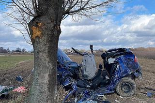 KOSZMAR na drodze w Łódzkiem. Osobówka OWINĘŁA SIĘ WOKÓŁ DRZEWA. Nie żyje 21-latek [FOTO] 