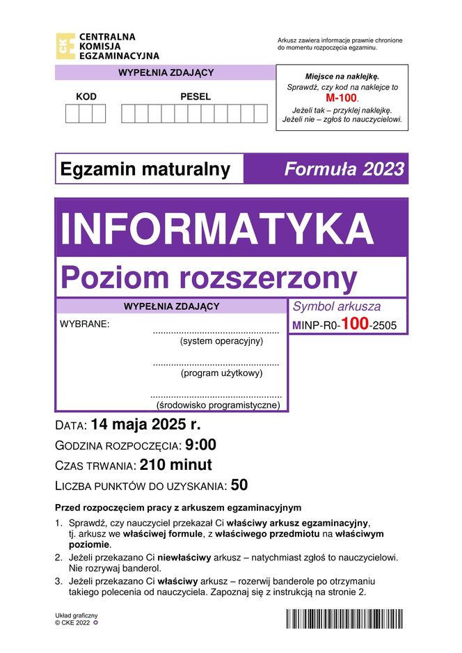 Matura 2025 informatyka rozszerzona - arkusz CKE 14.05.2025 - Formuła 2023