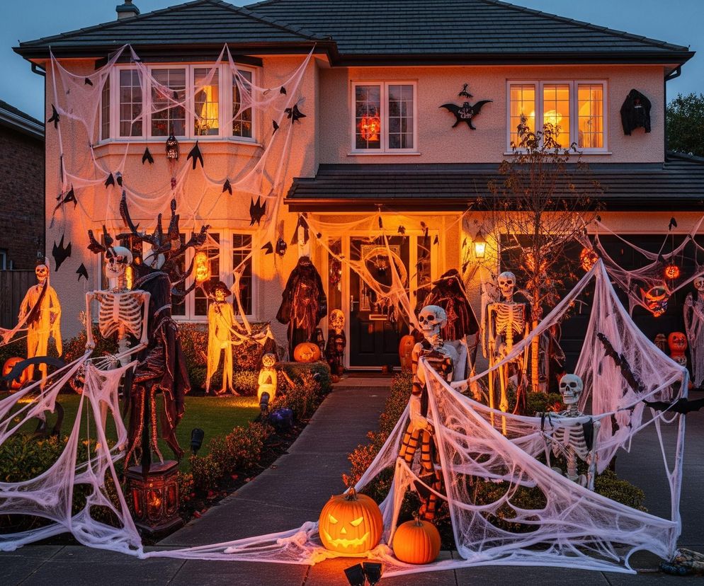 Dom o jasnej elewacji i ciemnym dachu udekorowany jest na całej szerokości sztucznymi pajęczynami, które pokrywają okna i ściany, rozciągając się aż na podjazd. Na pajęczynach zawieszono liczne czarne sylwetki nietoperzy i pająków, a wzdłuż podjazdu i pod frontowymi oknami rozmieszczono figurki szkieletów w różnych pozach, niektóre w otoczeniu pomarańczowych świateł. Przed domem, po obu stronach ścieżki prowadzącej do drzwi wejściowych, stoją podświetlone dynie z wyciętymi twarzami, a także inne pomarańczowe dekoracje imitujące lampiony. Światła wewnątrz domu i zewnętrzne oświetlenie elewacji nadają całości ciepły, pomarańczowy blask.