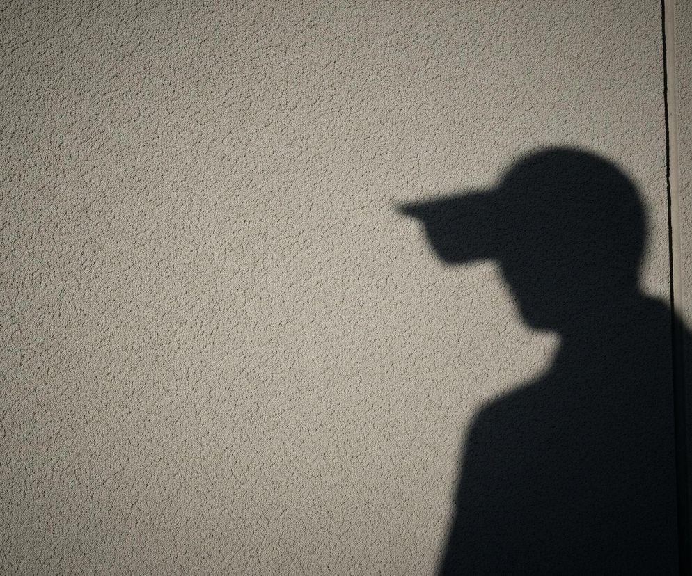 Cień postaci w czapce z daszkiem pada na jasnobeżową, teksturowaną ścianę, zajmując prawą stronę obrazu. Zarys głowy z charakterystycznym daszkiem oraz górna część sylwetki są wyraźnie widoczne w ciemnej barwie, kontrastującej z tłem. Pionowa, ciemna linia biegnie wzdłuż prawej krawędzi ściany, oddzielając jaśniejszą część powierzchni od lekko ciemniejszej po prawej stronie. Światło pada z lewej strony, rzucając cień i podkreślając nierówności struktury ściany.
