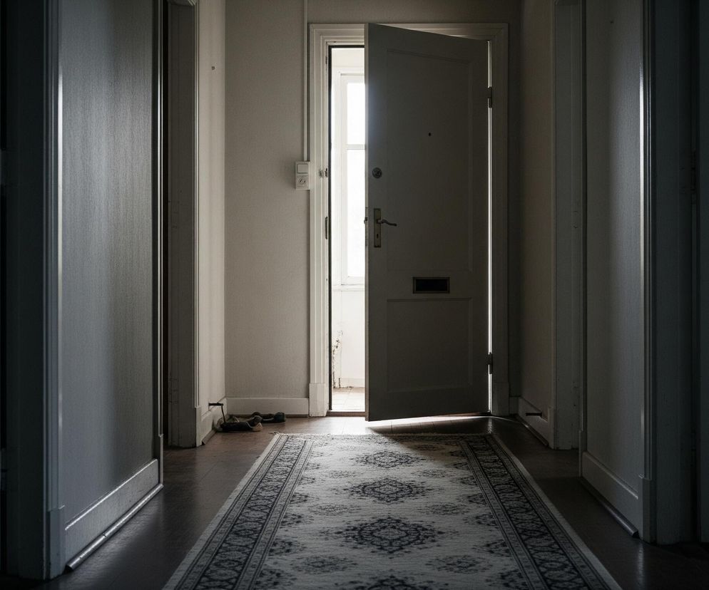 Długi, ciemny korytarz z kremowo-czarnym chodnikiem na środku prowadzi do otwartych drzwi, z których wpada jasne światło. Po lewej stronie widać uchylone drugie drzwi, a po prawej ścianę, która również odbija światło z końca korytarza. Na podłodze przed otwartymi drzwiami leży para kapci.