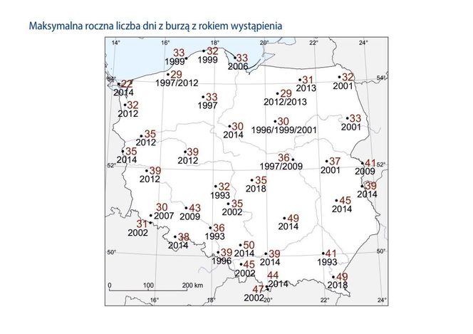 Maksymalna roczna liczba dni z burzą z rokiem wystąpienia