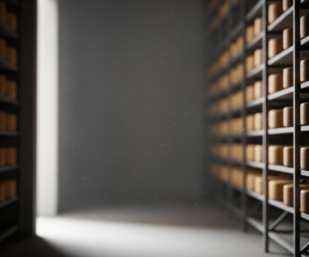 Dwa regały wypełnione brązowymi, prostokątnymi obiektami o zaokrąglonych krawędziach rozciągają się w głąb ciemnego pomieszczenia, tworząc tunel. Lewy regał jest mocno rozmyty, podczas gdy prawy jest częściowo ostry na pierwszym planie, stając się mniej wyraźny w oddali. Centralna część obrazu przedstawia szarą przestrzeń, oświetloną z lewej strony jasnym, pionowym pasem światła, które rozlewa się także na podłodze. W powietrzu unosi się wiele drobnych, białych kropek, widocznych szczególnie w centrum i na prawej części obrazu.