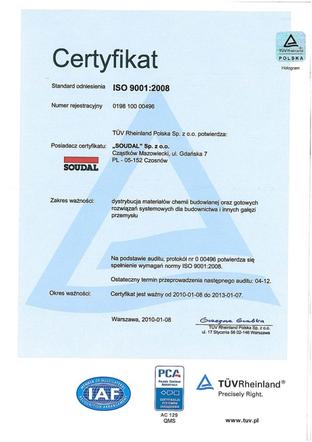 Firma Soudal Sp. z o.o. otrzymała międzynarodowy certyfikat ISO 9001:2008 w zakresie dystrybucji materiałów budowlanych oraz gotowych rozwiązań systemowych dla budownictwa i innych gałęzi przemysłu