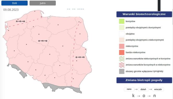Biomet w Polsce 9 sierpnia 2023, wg IMiGW-PIB