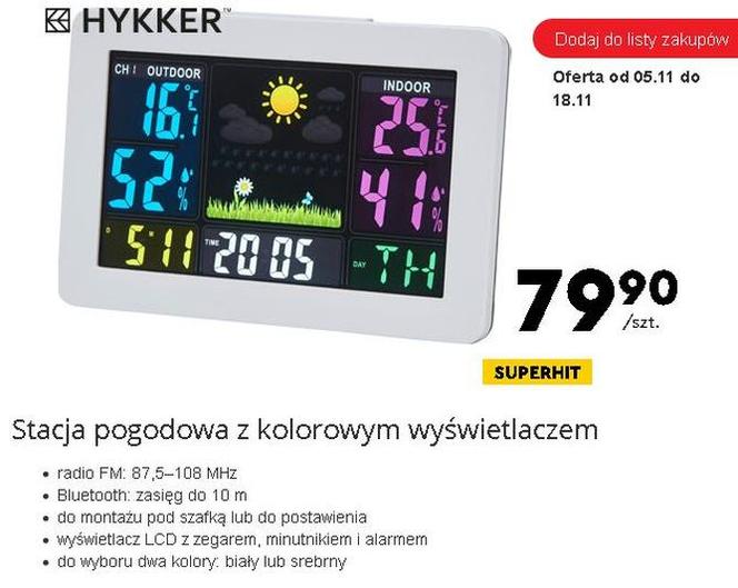Stacja pogodowa z kolorowym wyświetlaczem Hykker  - cena:79,90 zł). 