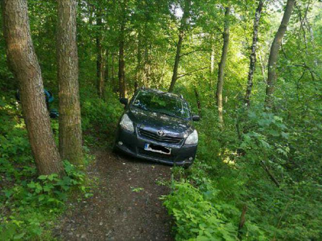 Wjechał samochodem na... leśną ścieżkę rowerową. Auto zawisło nad skarpą [ZDJĘCIA]