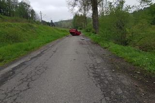 Łowczów. Osobówka dachowała i wylądowała w przydrożnym rowie