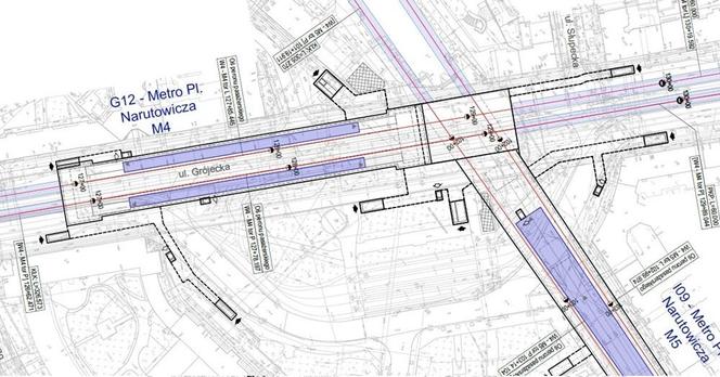 Schemat skrzyżowania linii metra M4 i M5 w okolicach placu Narutowicza w Warszawie