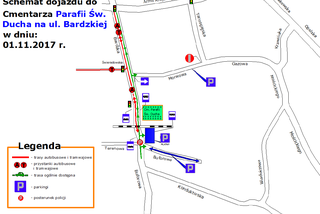 Schemat dojazdu samochodem do Cmentarza Parafii Św. Ducha przy ul. Bardzkiej