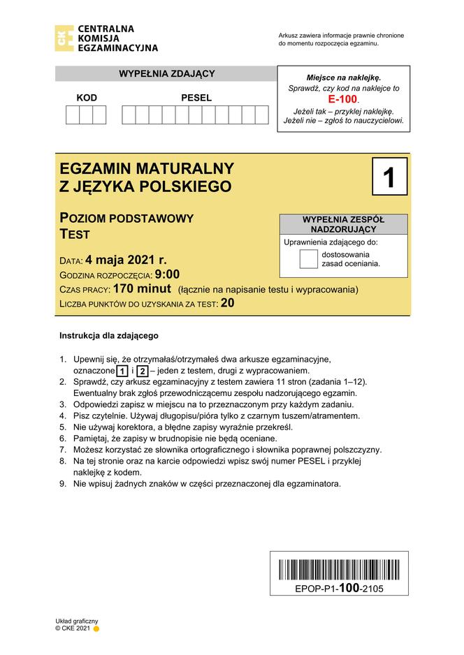 Matura 2021 Polish language.  Answer sheets, CKE questions.  Basic level