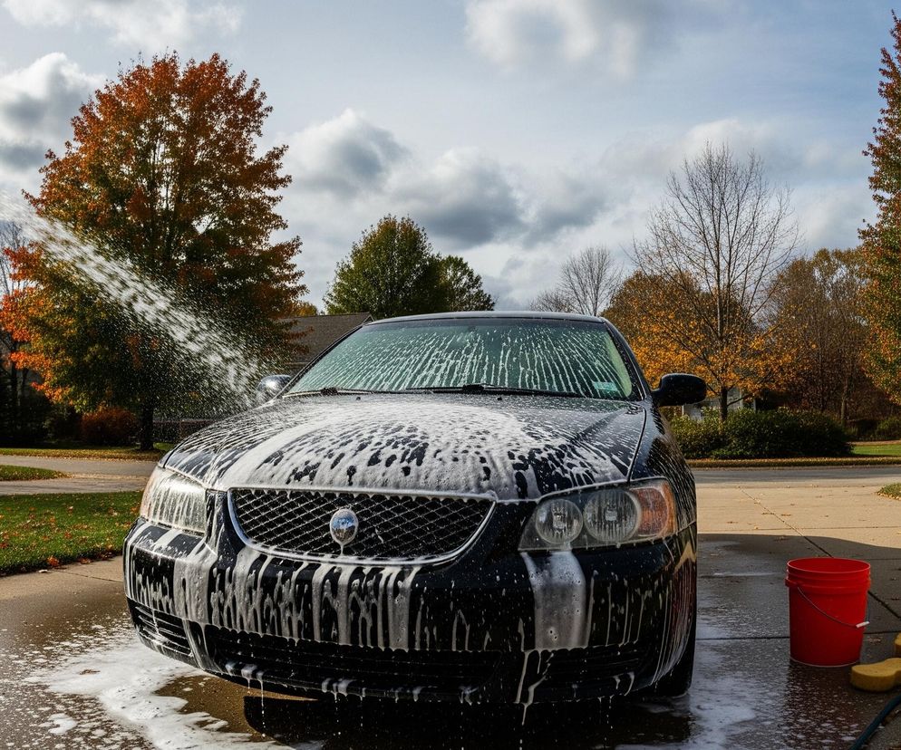 Czarny samochód stoi zaparkowany na podjeździe, pokryty obficie białą pianą mydlaną, spływającą z karoserii i szyby. Z lewej strony kadru widoczne są dłonie osoby trzymającej czarną dyszę, z której pod ciśnieniem wylatuje strumień wody, rozpryskujący się na przedniej szybie auta. W prawym dolnym rogu stoi czerwone wiadro z wodą i dwie żółte gąbki. Tło stanowi jesienny krajobraz z drzewami o liściach w odcieniach zieleni, pomarańczy i brązu, oraz częściowo widoczny budynek z cegły i niebo z białymi i szarymi chmurami.