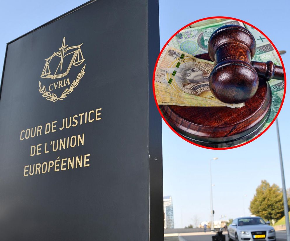 Tablica z napisem COUR DE JUSTICE DE L'UNION EUROPÉENNE oraz symbolami Temidy i napisem CVRIA na tle niebieskiego nieba, obok fragment kolażu z plikiem banknotów, młotkiem sędziowskim i symbolami walut, w tle droga i samochód. O kwestii kredytów w polskich sądach przeczytasz na Super Biznes.