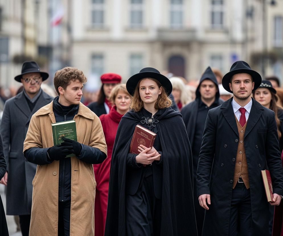 Grupa osób w strojach stylizowanych na dawne, głównie w ciemnych kolorach, idzie ulicą miasta. Młody mężczyzna w beżowym płaszczu i czarnych rękawiczkach trzyma zieloną książkę, idąc obok młodej kobiety w czarnym płaszczu i kapeluszu, która również ma na rękach rękawiczki i trzyma czerwoną książkę. Z przodu w prawym dolnym rogu widoczny jest mężczyzna w czarnym płaszczu, brązowej kamizelce i czerwonym krawacie, a za nim inny w ciemnej pelerynie z kapturem. Tło stanowią rozmyte budynki z oknami, niektóre z widocznymi elementami architektonicznymi.