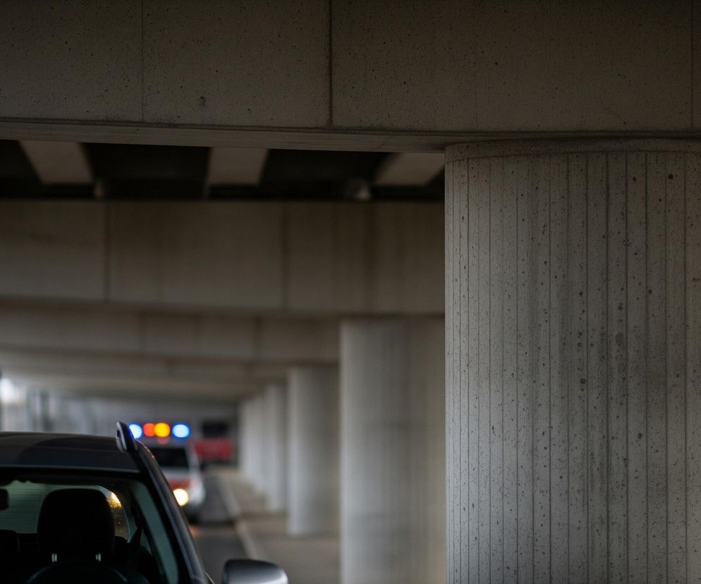 Prawy środek kadru zajmuje gruby, betonowy filar z pionowymi żłobieniami i licznymi ciemnymi plamkami. Filar ten podpiera masywną, również betonową konstrukcję, której poziome belki i płyty dominują w górnej części obrazu, tworząc wrażenie mostu lub wiaduktu. W tle, pod konstrukcją, widoczne są kolejne filary i fragmenty budowli, rozciągające się w głąb perspektywy.

Po lewej stronie kadru, na pierwszym planie, widać fragment ciemnego samochodu – górną część dachu, antenę i lusterko wsteczne z żółtą zawieszką. Dalej, za tym samochodem, majaczy kolejny pojazd z włączonymi, migającymi światłami ostrzegawczymi w kolorach niebieskim i pomarańczowym, sugerującymi obecność pojazdu uprzywilejowanego, być może karetki lub wozu strażackiego. Cała scena jest utrzymana w stonowanych, szarych barwach betonu, z lekkimi rozjaśnieniami na horyzoncie.