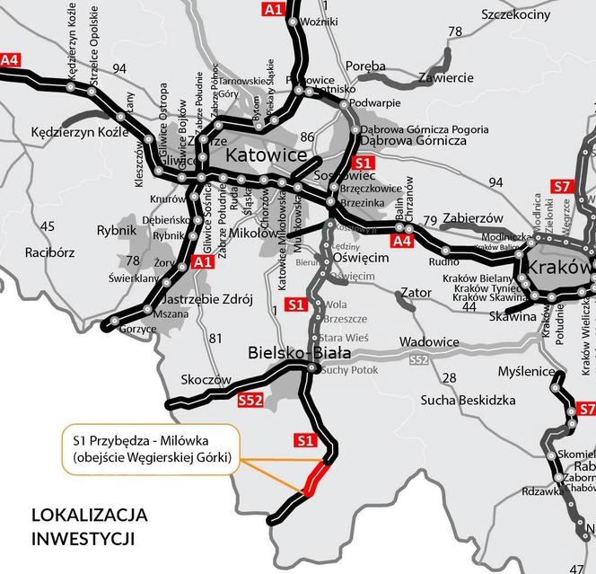 Budowa drogi ekspresowej S1, obejścia Węgierskiej Górki mapa