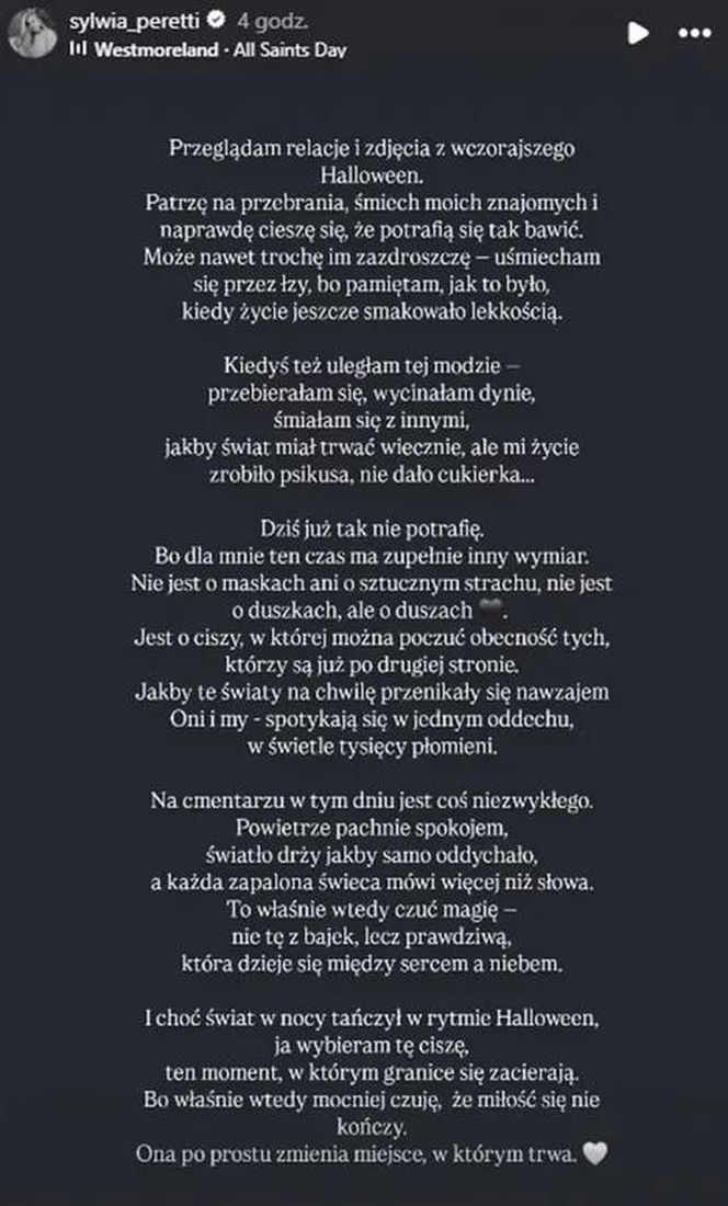 Wpis Sylwii Peretti na Instagramie