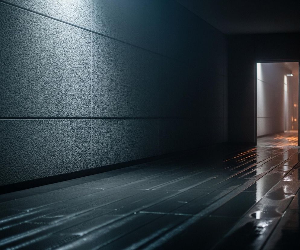 Długi, ciemny korytarz rozciąga się w głąb obrazu, z lewej strony oświetlony od góry smugą jasnego, chłodnego światła. Lewa ściana ma ziarnistą, teksturowaną powierzchnię, podzieloną poziomymi liniami na panele, a jej odcień przechodzi od jasnoszarego w górnej, oświetlonej części do ciemnego błękitu i czerni w niższych, zacienionych obszarach. Podłoga składa się z szerokich, podłużnych paneli, które odbijają światło, tworząc refleksy, szczególnie w pobliżu otwartych drzwi po prawej stronie. Za drzwiami widoczny jest inny korytarz, oświetlony ciepłym, pomarańczowym światłem, które częściowo odbija się od podłogi w pierwszym korytarzu.