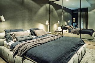 Łóżko w stylu nowoczesnym pokryte lnianą tkaniną