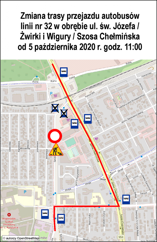 Toruń. Zmiana na linii autobusowej 32 - mapa