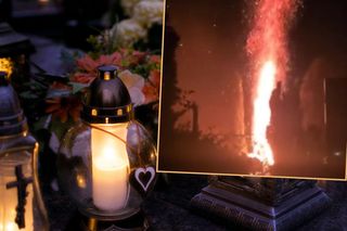 Znicz eksplodował na cmentarzu w Koninie. Na nagraniu widać potężny słup ognia