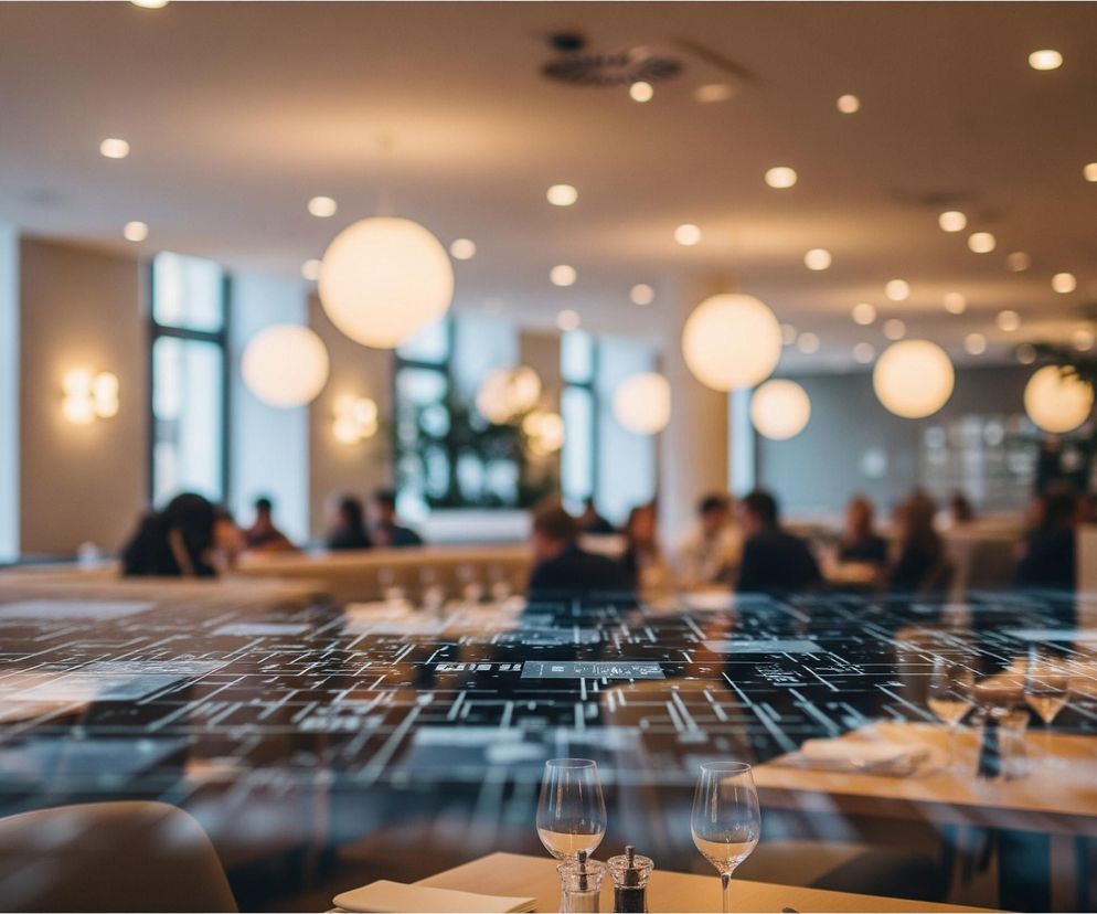 Szklany stół w restauracji zajmuje pierwszy plan, pokryty siatką jasnych linii i kształtów przypominających obwody elektroniczne. Na nim ustawione są dwa kieliszki z białym winem, solniczka i pieprzniczka, oraz złożona serwetka, a w tle widać rozmyte sylwetki ludzi siedzących przy innych stołach. Sufit oświetlony jest licznymi okrągłymi lampami i reflektorami, tworząc ciepłą, rozmytą poświatę, a z lewej strony widoczne są duże okna z ciemnymi ramami.