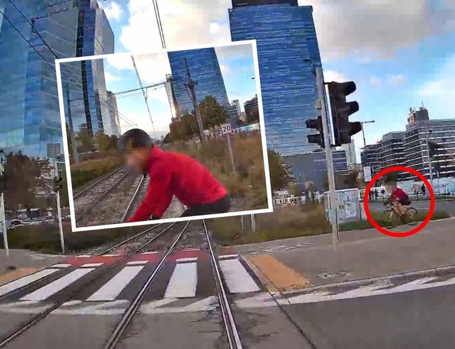 Wstrząsające nagranie z tramwaju. Rowerzysta przejechał na czerwonym świetle przez pasy