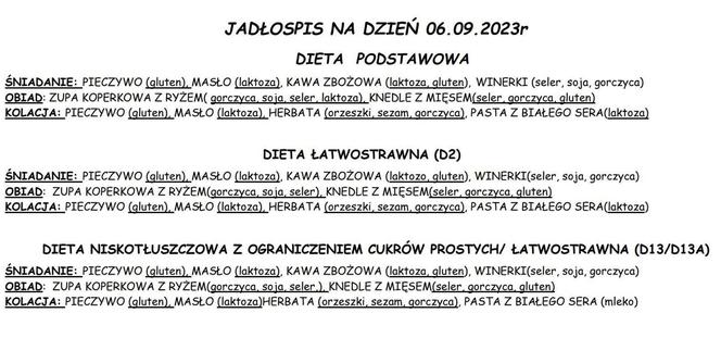 Jadłospis w SPSK im. A. Mielęckiego w Katowicach 