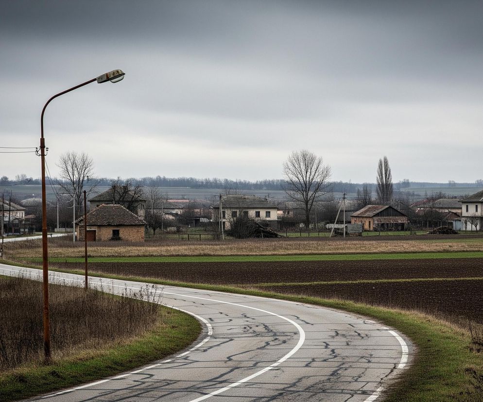 Głównym elementem obrazu jest kręta asfaltowa droga z białymi liniami, która zakręca w prawo i biegnie przez centralną część kadru. Po lewej stronie drogi rośnie brązowa, wyschnięta trawa, a za nią widać rdzawy słup uliczny z lampą, od której odchodzą druty. W tle, na horyzoncie, rozciąga się wiejski krajobraz z licznymi budynkami mieszkalnymi o różnych kształtach i kolorach, niektóre z dachami pokrytymi czerwoną dachówką. Pomiędzy budynkami widoczne są brązowe, zaorane pola oraz pas zielonej trawy, a także nagie drzewa, sugerujące chłodną porę roku. Nad całością rozciąga się szare, zachmurzone niebo.