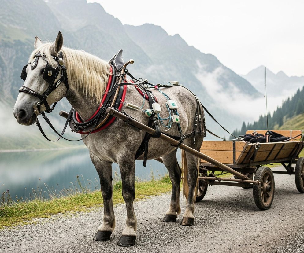 Szarobrązowy koń, z jasną grzywą i ogonem, stoi na szutrowej drodze, zwrócony w lewo. Na jego grzbiecie i szyi widnieje uprząż w kolorach czarnym i czerwonym, a także kilka białych i niebieskich urządzeń przymocowanych przewodami. Koń jest zaprzęgnięty do drewnianego wozu z dwoma kołami, którego platforma wypełniona jest ciemnymi przedmiotami. Tło tworzy górski krajobraz z jeziorem po lewej stronie i mglistymi szczytami, częściowo pokrytymi zieloną roślinnością, po prawej.