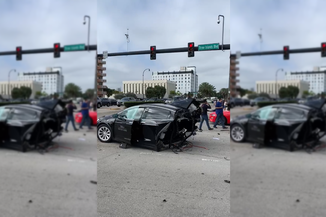 Tesla Model X rozpadłą się na pół! Przerażający wypadek z udziałem sportowego Nissana GT-R - WIDEO
