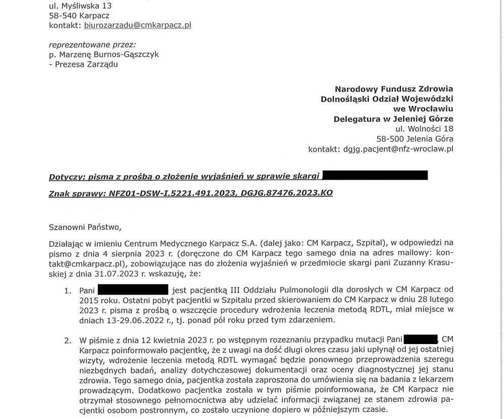 Odpowiedź CM Karpacz w sprawie pacjentki Zuzanny Krasuskiej, cz. 1