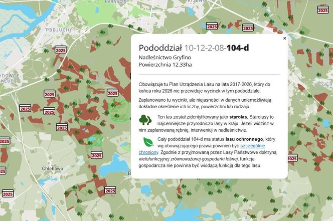 Mapa wycinki lasów 2025 - woj. zachodniopomorskie