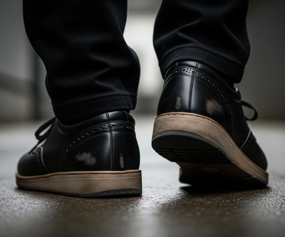 Para nóg ubranych w czarne spodnie i czarne skórzane buty z beżowymi podeszwami stoi na wilgotnej, ciemnej posadzce, widocznej z perspektywy niskiego kąta. Lewy but stoi płasko, podczas gdy prawy jest uniesiony na pięcie, sugerując ruch do przodu. Tło jest rozmyte, ukazując jasne pionowe linie po bokach i ciemniejszy, nieokreślony obszar na górze.