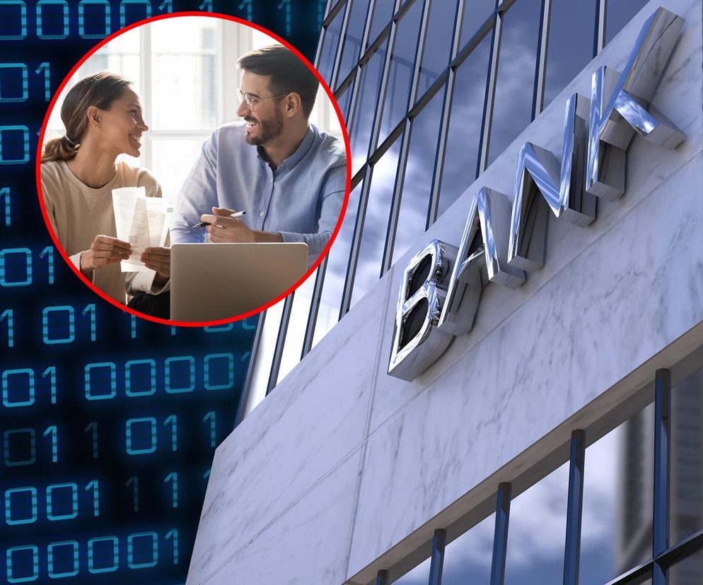 Budynek banku z logo BANK, obok cyfrowy kod binarny. W okręgu para – kobieta i mężczyzna – analizują dokumenty przy laptopie, symbolizując analizę finansową i decyzje o obniżkach stóp procentowych, o czym można przeczytać na Super Biznes.