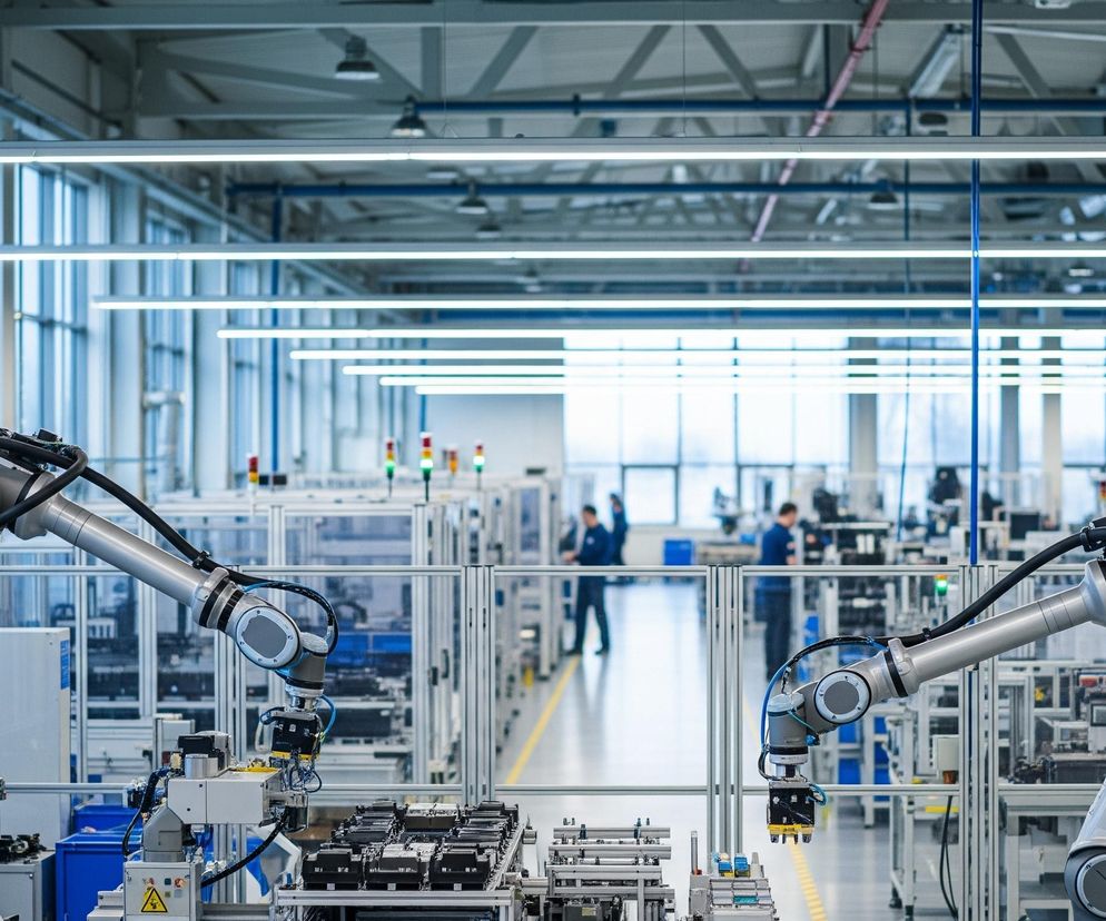 Dwa roboty przemysłowe o szarych ramionach z czarnymi i niebieskimi elementami dominują na pierwszym planie, pracując nad linią montażową pełną małych, ciemnych części. Tło przedstawia rozległą, jasno oświetloną halę produkcyjną z wysokimi oknami po lewej stronie i w oddali, ukazującymi jasne niebo. Na drugim planie widać pracowników w niebieskich uniformach, poruszających się między stanowiskami pracy oddzielonymi przezroczystymi przegrodami. Sufit jest industrialny, z widocznymi rurami i licznymi, długimi, jarzeniowymi lampami, które równomiernie oświetlają całe pomieszczenie.