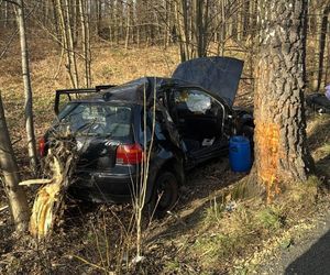 Młody kierowca wypadł z jezdni na łuku drogi i uderzył w drzewo. Śmigłowiec zabrał 14-latka i 15-latkę do szpitala