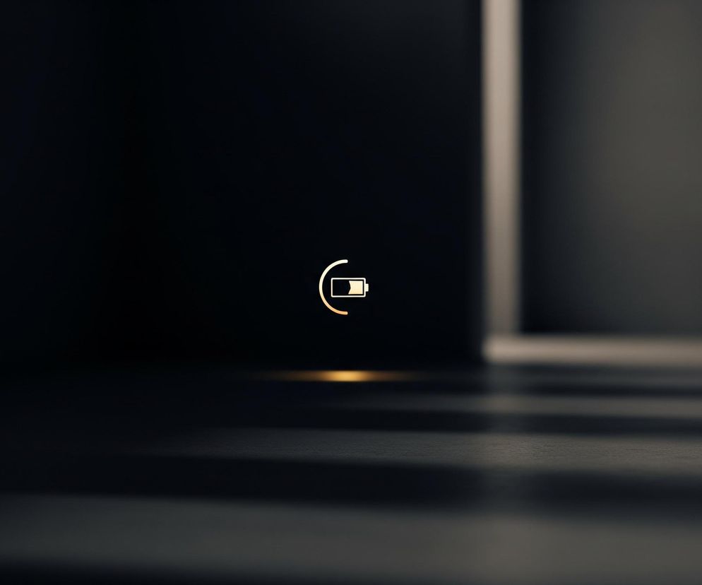 Na ciemnym tle, w centralnej części, znajduje się ikona baterii, z której wychodzi łuk sugerujący proces ładowania, wszystko w jasnym, złotawym odcieniu. Poniżej ikony, na poziomej powierzchni o teksturowanym, ciemnym wykończeniu, widoczne jest delikatne, poziome złote światło. W prawej części obrazu widoczny jest pionowy, jasny pas, oddzielający ciemne płaszczyzny.