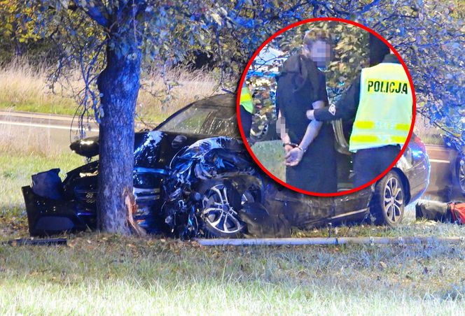 Kierowca Mercedesa pod wpływem wjechał w filar wiaduktu, odbił się i huknął w drzewo