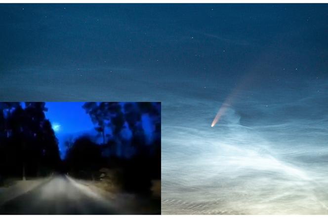 Meteor (nad mniejszym obrazku), który przeleciał w piątek nad zachodnią Polską