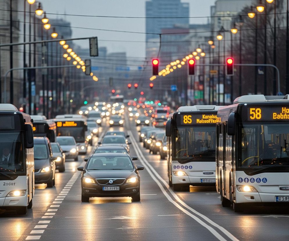 Szeroka ulica miejska wypełniona ruchem samochodowym i autobusowym, ukazana w perspektywie, z jasnymi światłami pojazdów i ulicznymi lampami. Po obu stronach jezdni stoją budynki i rzędy latarni z ciepłym, żółtym światłem. Na pierwszym planie, po lewej stronie znajduje się biały autobus z numerem linii 62 i napisem Hinekka Solnaetketi, zaś po prawej stronie widoczne są fragmenty dwóch innych autobusów. Środek drogi zajmują samochody osobowe i inne autobusy, wszystkie z włączonymi światłami mijania, tworząc jasne refleksy na mokrej nawierzchni, a w oddali widać czerwone światła sygnalizacji świetlnej.