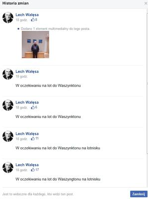 Lech Wałęsa przed wylotem do Waszyngtonu kilka razy edytował wpis na Facebooku...