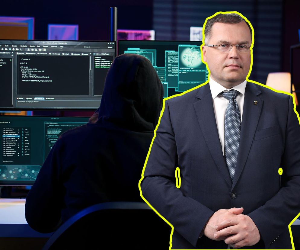 Tadeusz Białek, prezes Związku Banków Polskich, na tle sceny z hakerem pracującym przy komputerach, symbolizującej zagrożenia cybernetyczne. To zdjęcie ilustruje walkę z cyberoszustami, o której więcej przeczytasz na portalu Super Biznes.