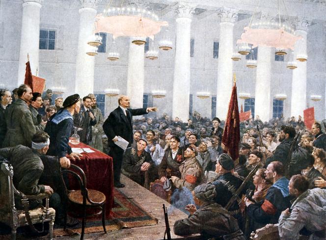 Lenin ogłasza zwycięstwo władzy radzieckiej, propagandowy obraz W. Sierowa, 1947