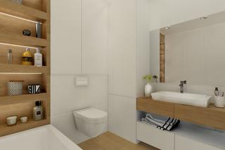 Biała łazienka z drewnianymi elementami