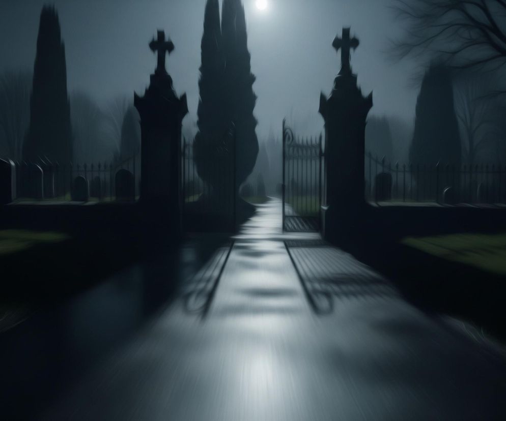Droga prowadzi prosto przez otwartą, ciemną bramę cmentarną, flankowaną przez dwa wysokie, kamienne filary z krzyżami na szczytach. Po obu stronach bramy widać rzędy nagrobków oraz fragmenty ciemnego ogrodzenia, a także wysokie, smukłe drzewa o stożkowatych koronach, zlewające się z mrocznym tłem. Cała scena skąpana jest w bladym, niebieskawym świetle księżyca, który jest widoczny jako jasny punkt w górnej części nieba, rzucając długie cienie na drogę i otoczenie, co nadaje obrazowi tajemniczy, rozmyty charakter.